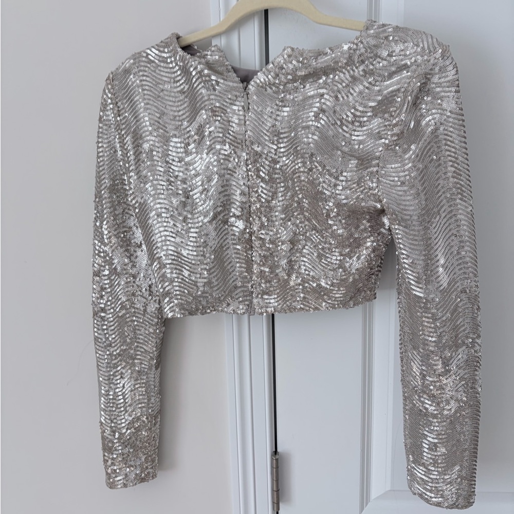 L'AGENCE Rogan Crop Silver Sequin Swirl Top - Picture 3 of 5
